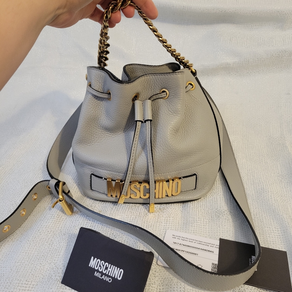 Moschino Light Gray Bucket Bag with Gold Accents
